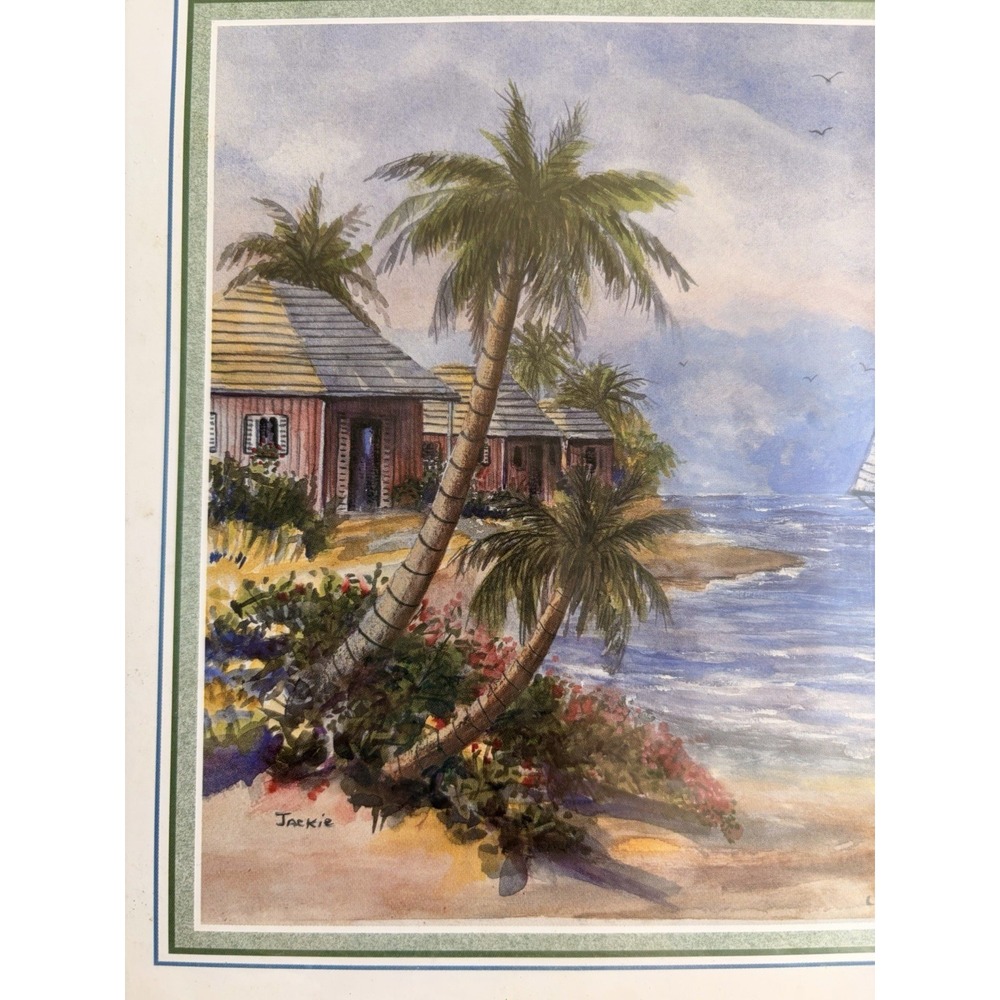 Vintage Coastal Beach Sailboat Lithograph Jackie 1999 Scafa Art 9x8 Palm Trees - Picture 3 of 6